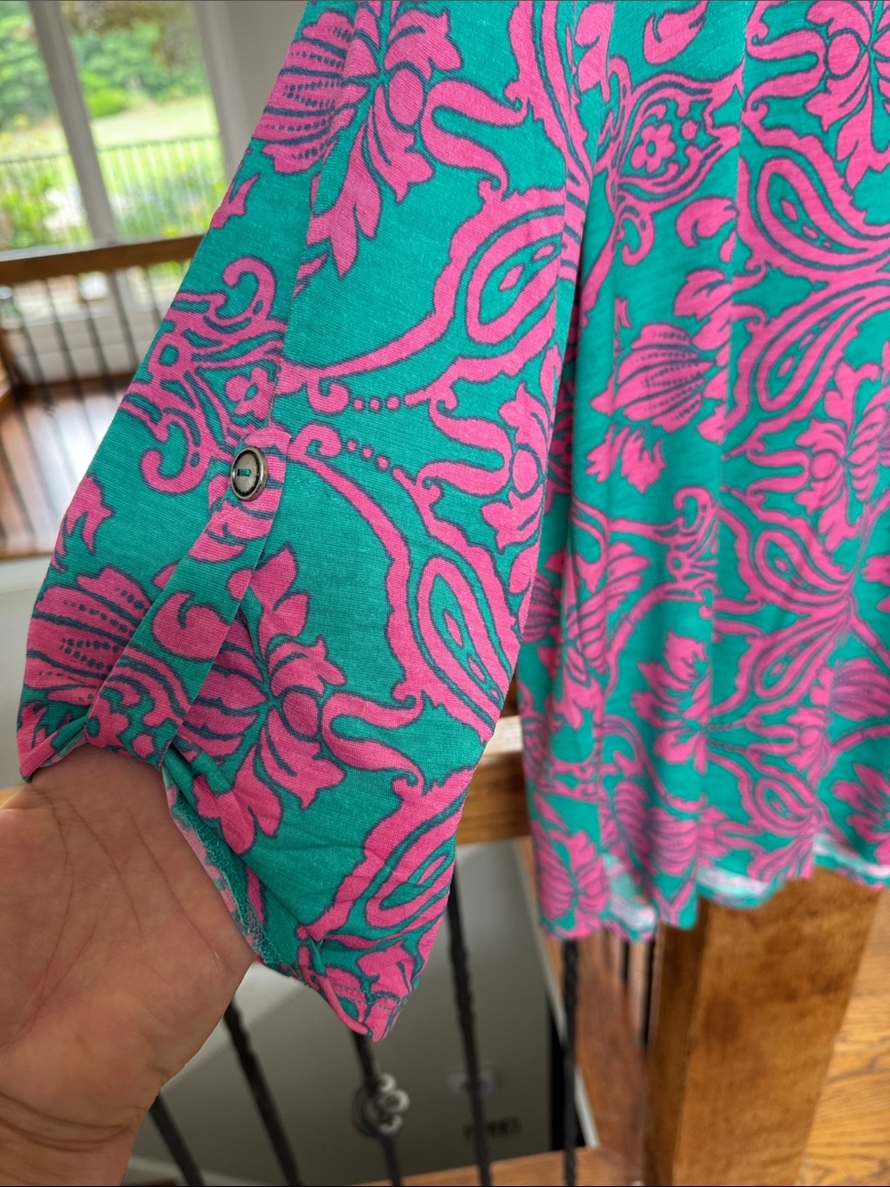 Dear Scarlett Vibrant Green & Pink Floral V-Neck Tunic Top - Picture 3 of 5